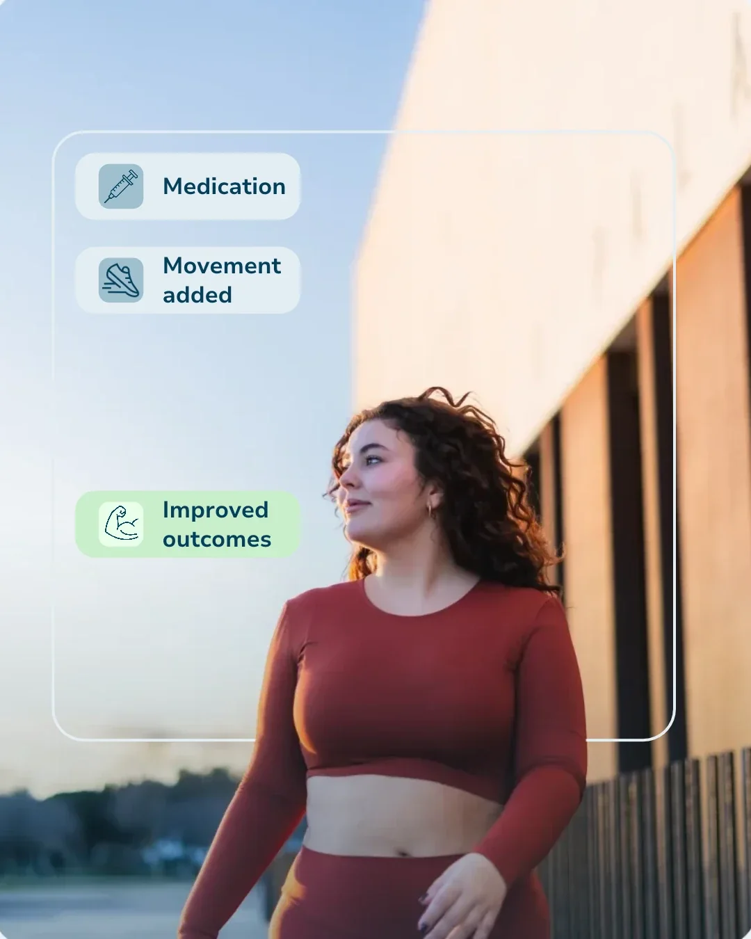 A woman walking outdoors in activewear, beside a card reading medication, movement added, improved outcomes