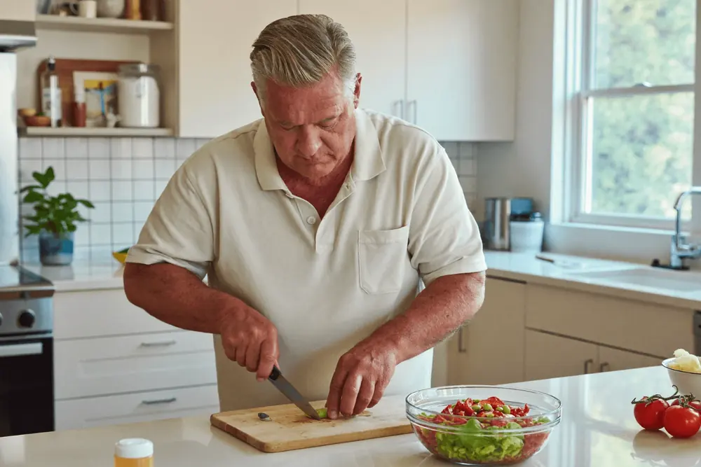 A man in his sixties prepares a salad in his kitchen