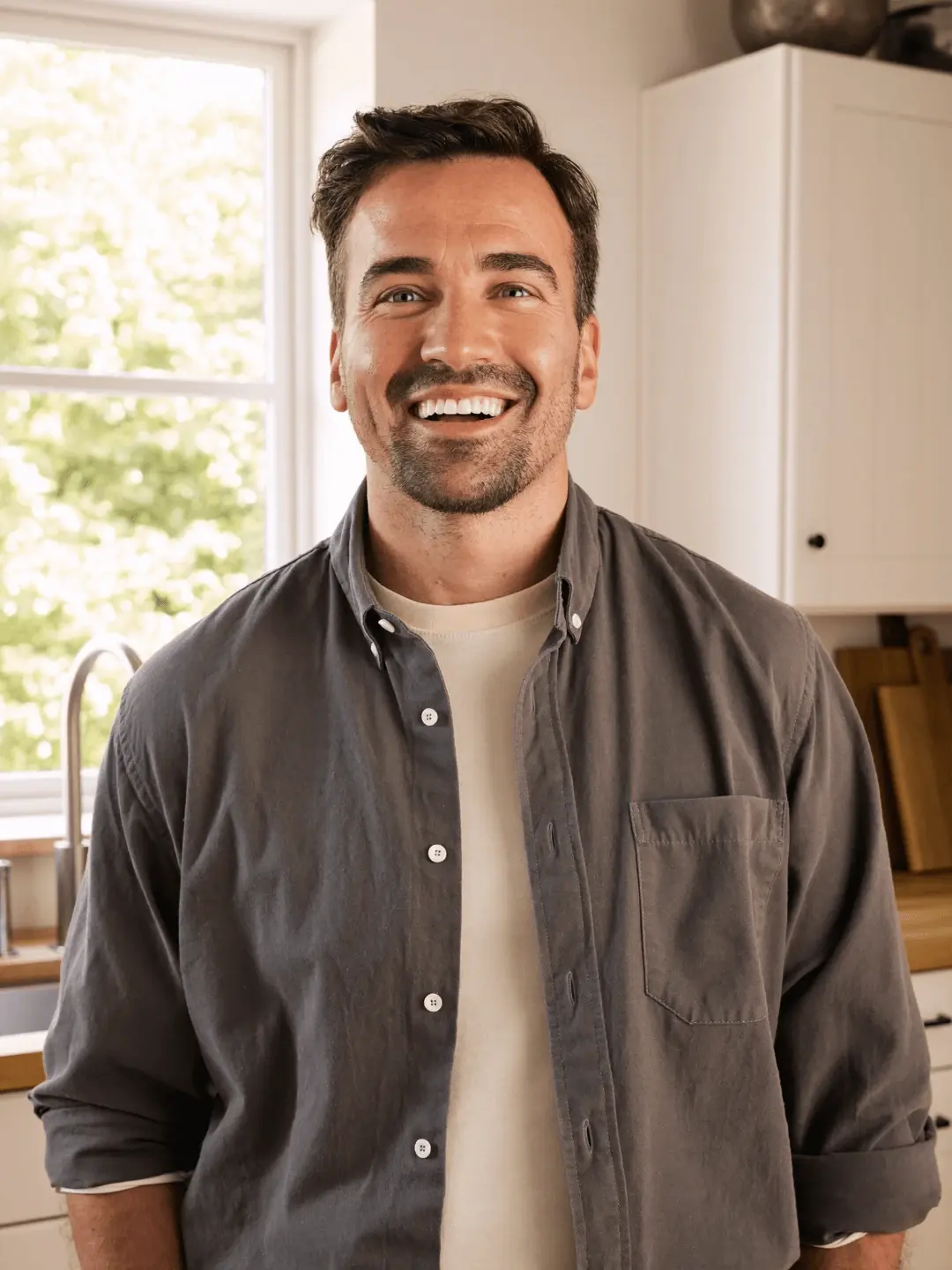 A man smiles in his kitchen, sunlight from the window behind him