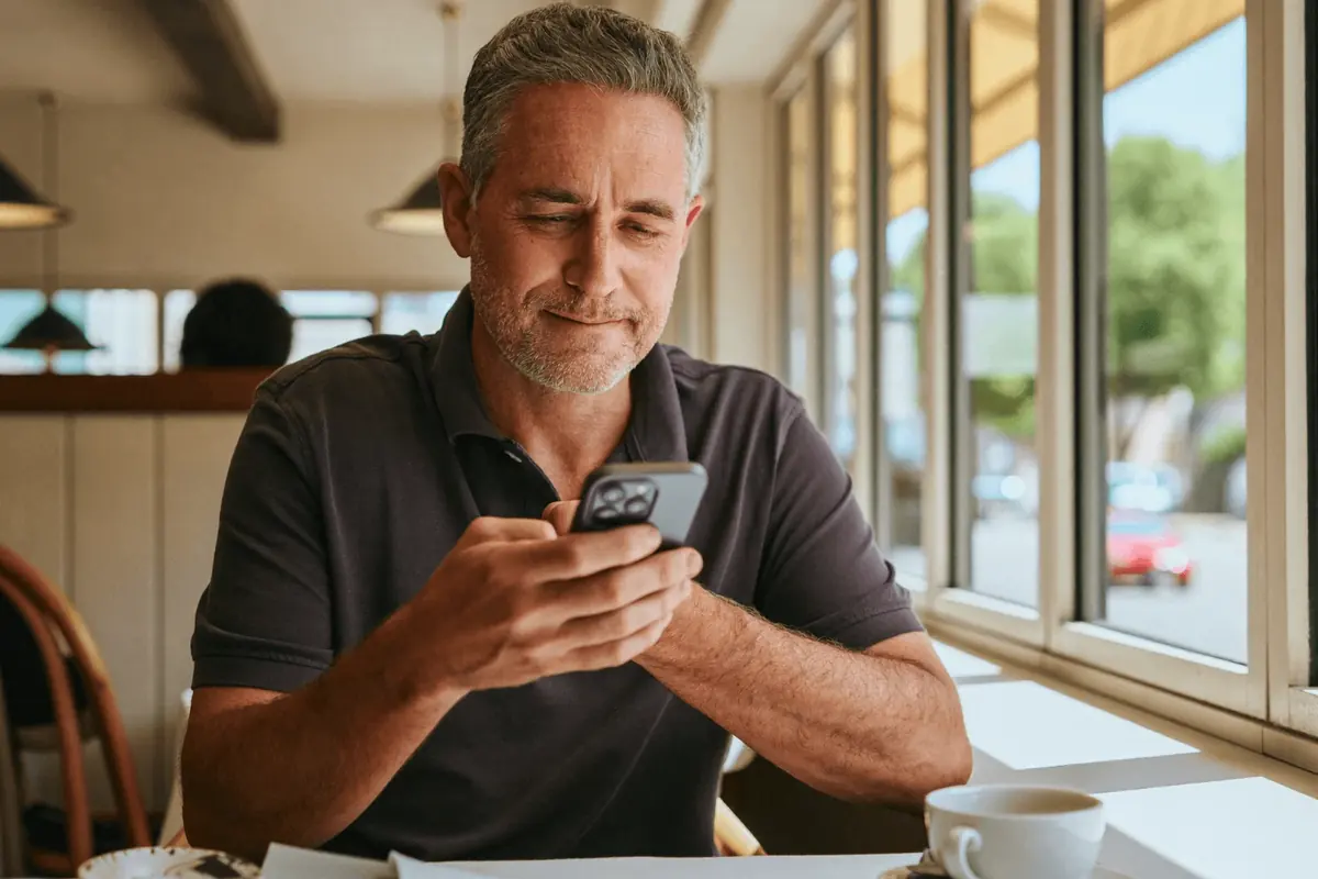 A man reads a message on his phone at a café window table
